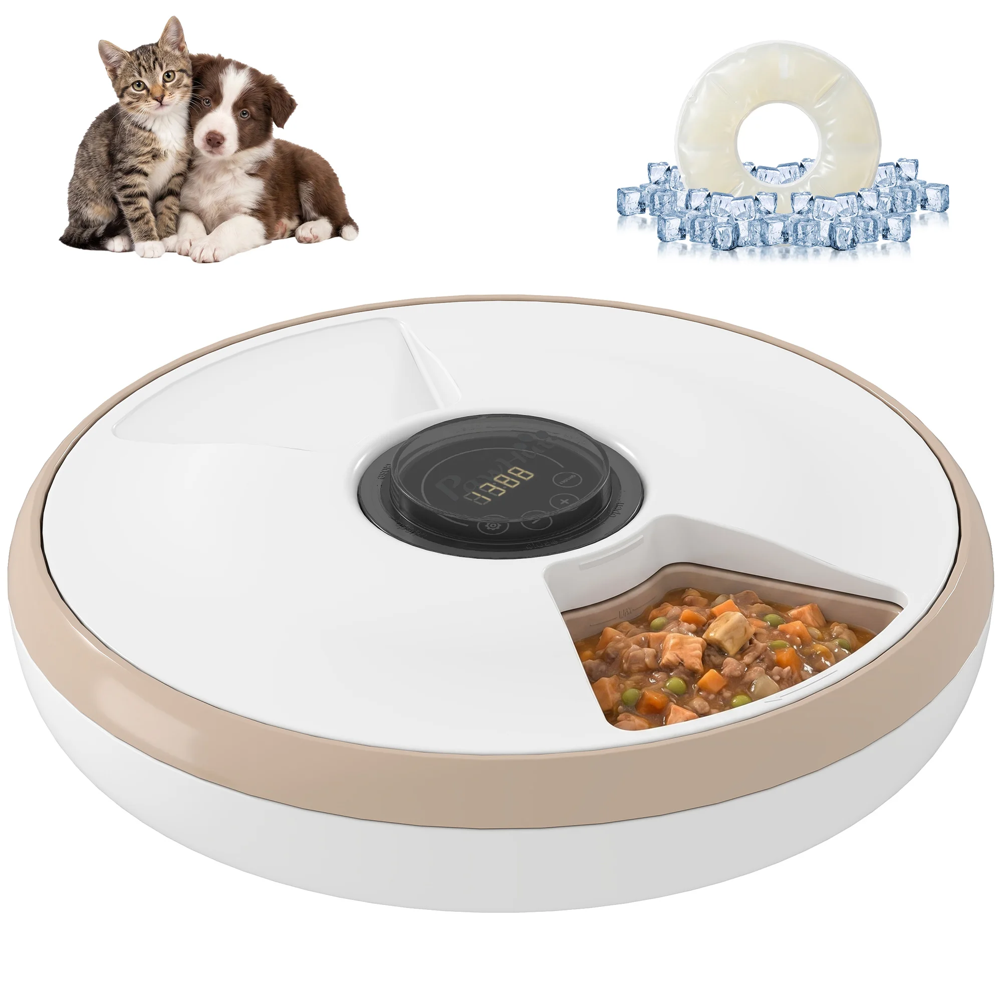 PawHut Comedero Automático para Gatos y Perros con Paquete de Hielo Temporizador Programable 6 Cuencos Pantalla LED