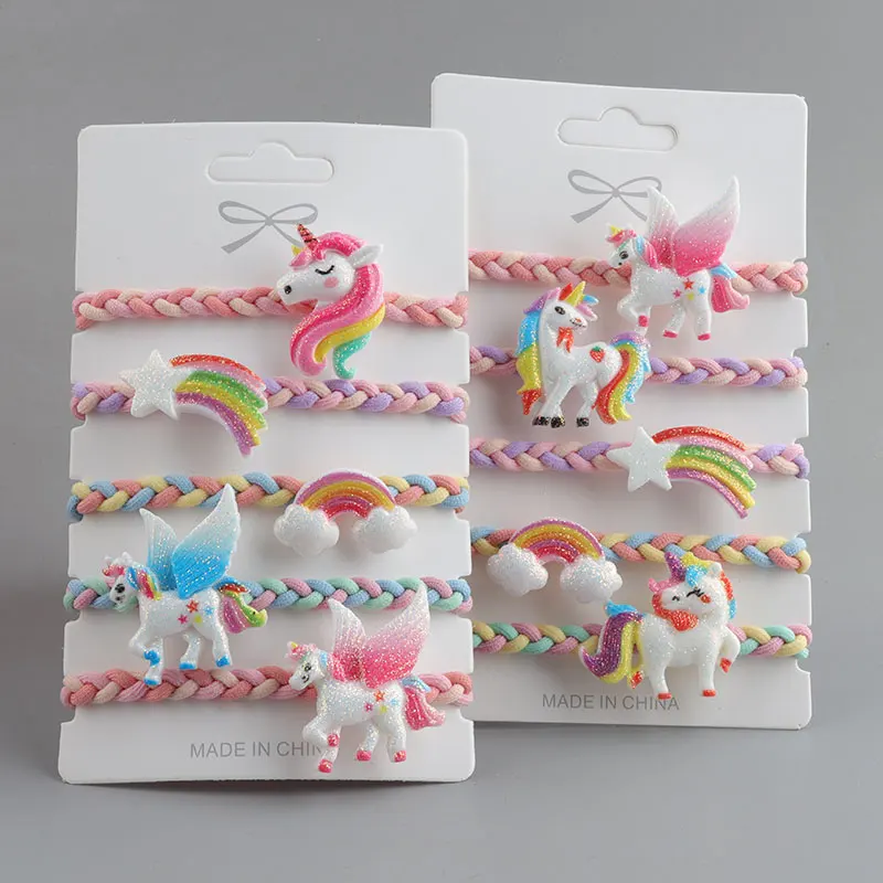 【 5 PCS/Card 】Unicorn Rainbow Hair Loop Headband Set Cartoon Hair Accessories Children\'s Rubber Band Headband Bracelet Dual Use