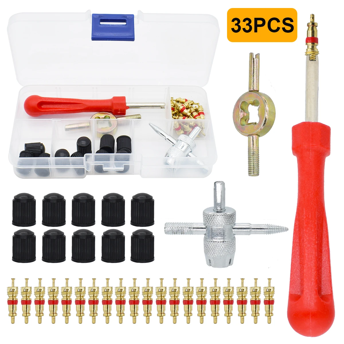 

33PCS Car Slotted Handle Tire Valve Stem Caps Core Remover Screwdriver Tire Repair Install Tool Motor Bicycle Tyre Accessories