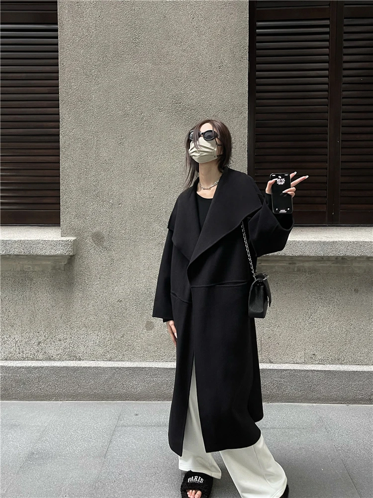 

An'an Double-Sided Woolen Coat mat Sle Knee-Length Overcoat Women's Autumn Winter Faion Streetwear Thi Long Sve