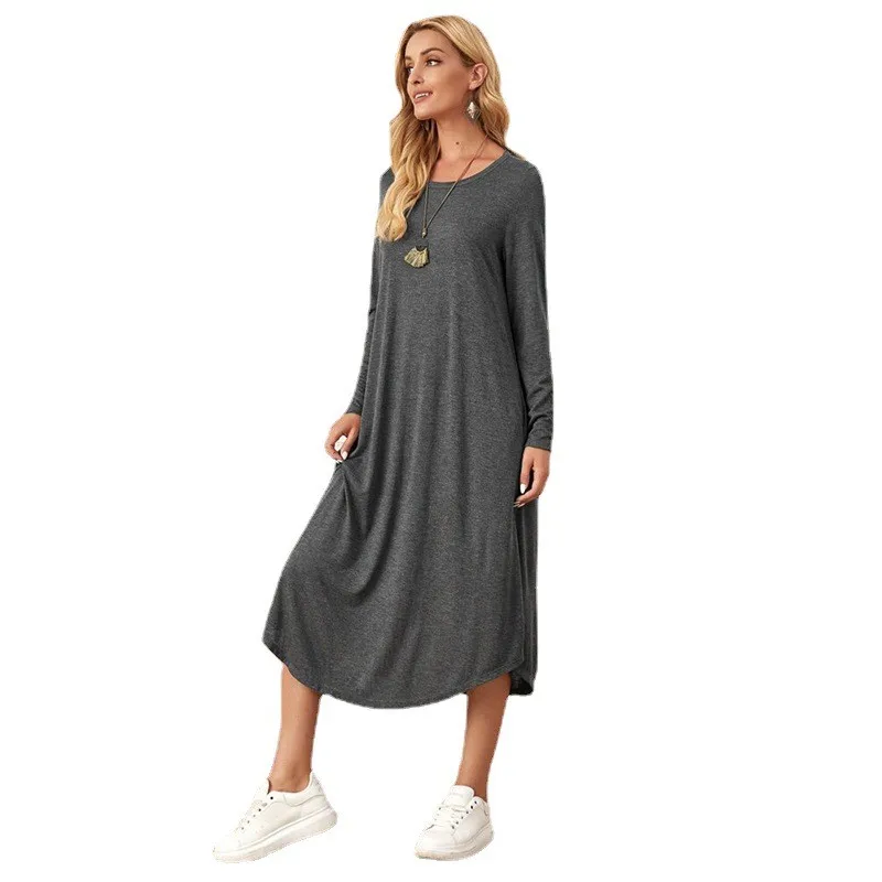 Round Neck Dress Loose Fit Maxi Length Elegant Style with a Line Silhouette Turtleneck Style Autumn Regular Sleeve Women Dress