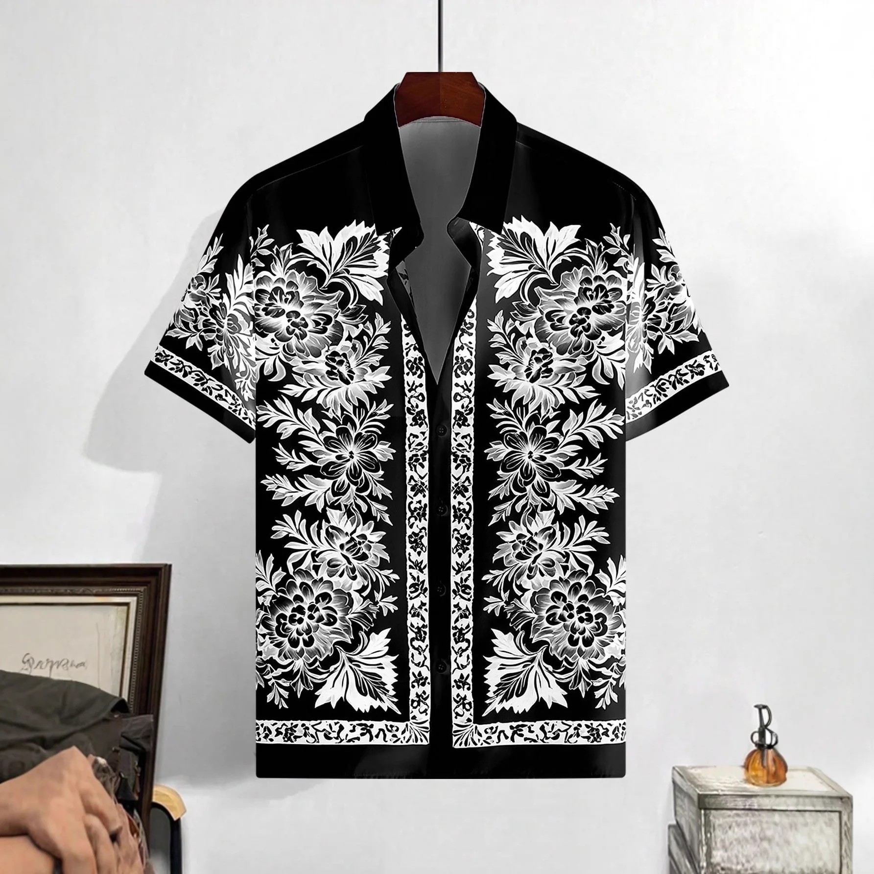 

Men's French Court Pattern Retro Summer Trendy Brand 3D Digital Printing Short-sleeved Floral Shirt Men's Street Loose Couple