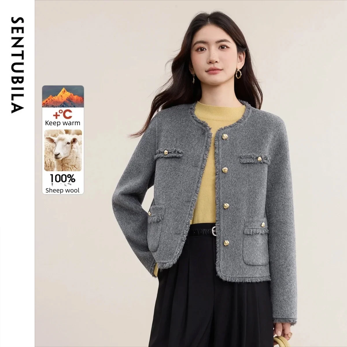 

SENTUBILA женское двустороннее твидовое пальто из 100% шерсти, зима 2025 г., однотонный теплый топ с бахромой и круглым вырезом, с длинными рукавами W54OF2676