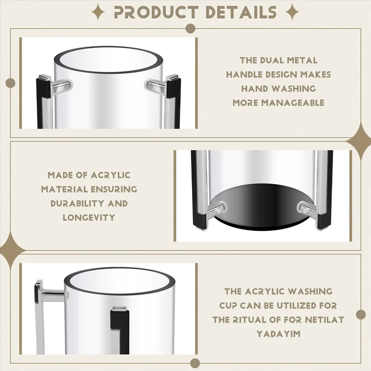 Doings Hand Washing Cup Acrylic Round Washing Cup Hand Wash Cup with Two Metal Handles for Jewish Prayer Wash Cup Round