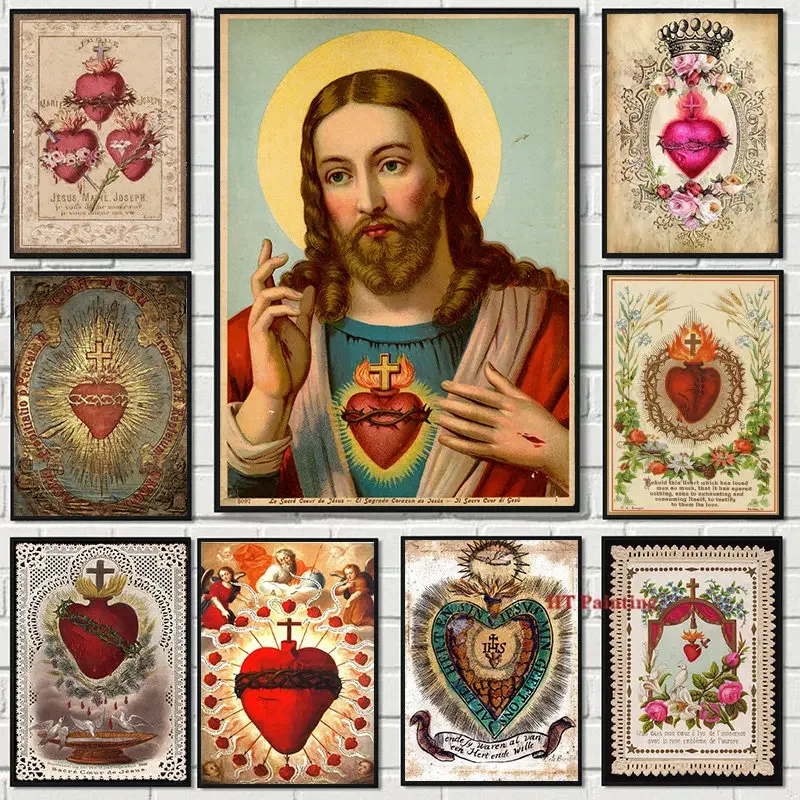 (No frame)Vintage Sacred Heart of Jesus Art Poster Abstract Religions Prints Canvas Painting Retro Wall Art Pictures Home Dec