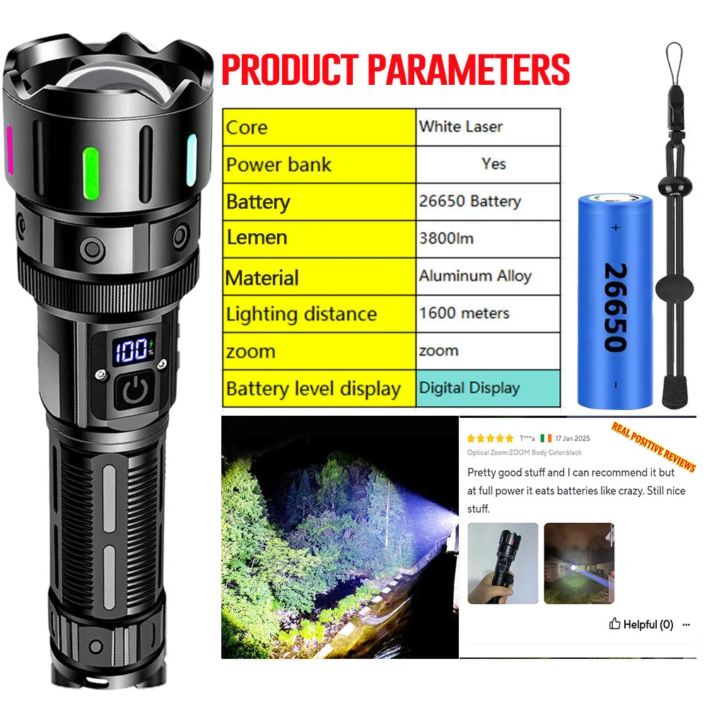 Linterna LED de Alta Potencia y Largo Alcance, Linterna Táctica Recargable por USB, Lámpara de Zoom Potente a Prueba de Agua para Exteriores