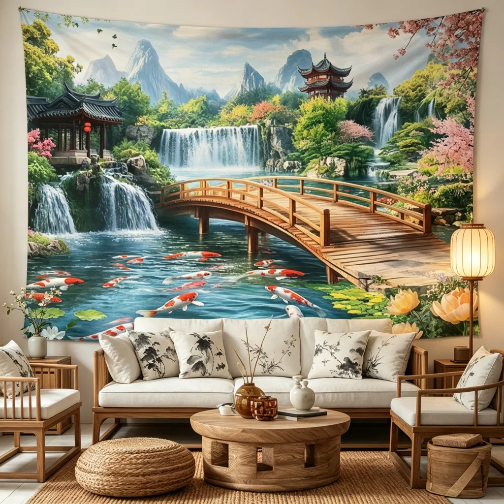 1PC Japanese Sakura Waterfall Pagoda Print Backdrop Banner, Japanese Style, Bedroom Living Room Kitchen Photo Background