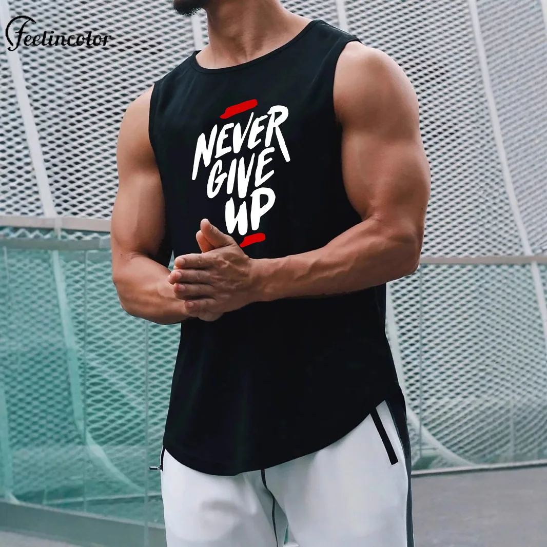 

Summer Solid Color Crew Neck Men's Vest Nevergiveup Letter Printing Tops Breathable Sleeveless T-shirt Fitness Sport Undershirt