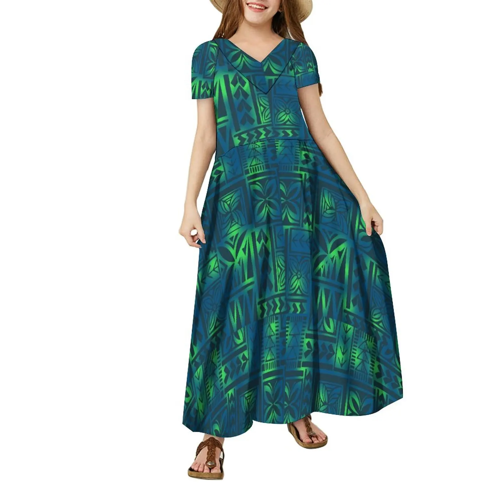 Green Samoa Little Girl Printed Dress Island Traditional Tribal Clothing Polynesian Super Soft Long Skirt Support Customizable