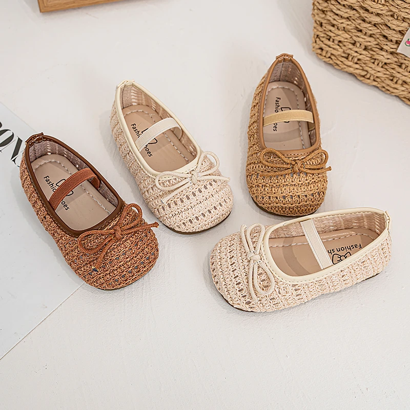 Girls Flats Sweet Woven Breathable Kids Summer Shoes Soft Sole Simple Bows 2026 Brand New Children Casual Shoes Anti-slip