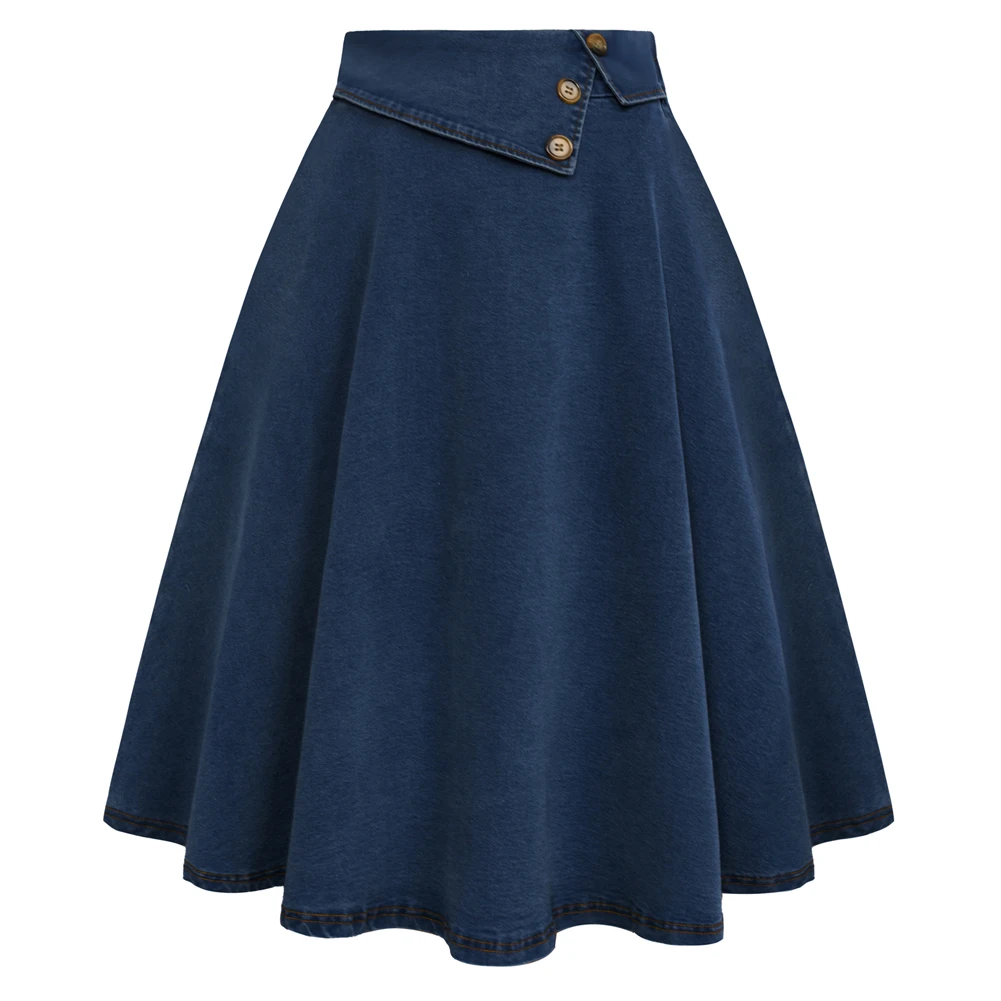 

BP Women Vintage Cotton Jean Swing Skirt Elastic Waist Flared A-Line Skirt Button Decoration High Waised Fashion Casual Skirts