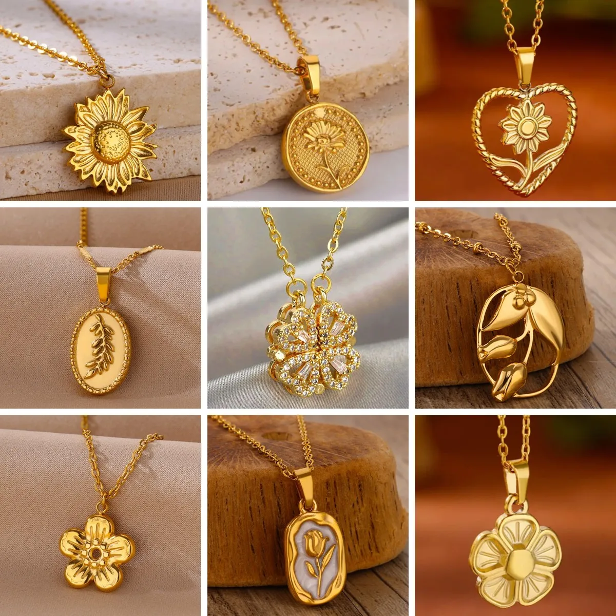 Stainless Steel Sunflower Rose Flower Gold Color Necklace for Women Charm Pendant High Quality Chain Summer Jewelry Lover Gift