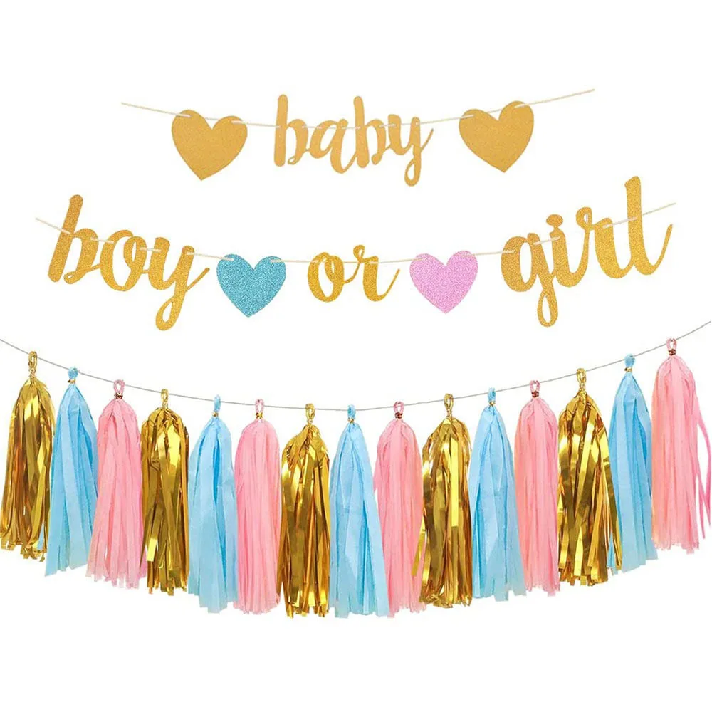 Gender Reveal Party Supplies Oh Baby Boy or Girl Banner Ceiling Hanging Decor Backdrop Pink Blue Tassel Baby Shower Decoration