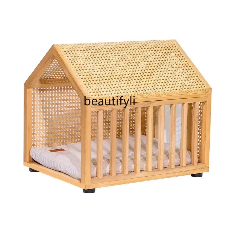 

ss7486 Solid wood rattan cat villa dog house indoor four-season universal semi-closed ventilation, universal for cats and dogs
