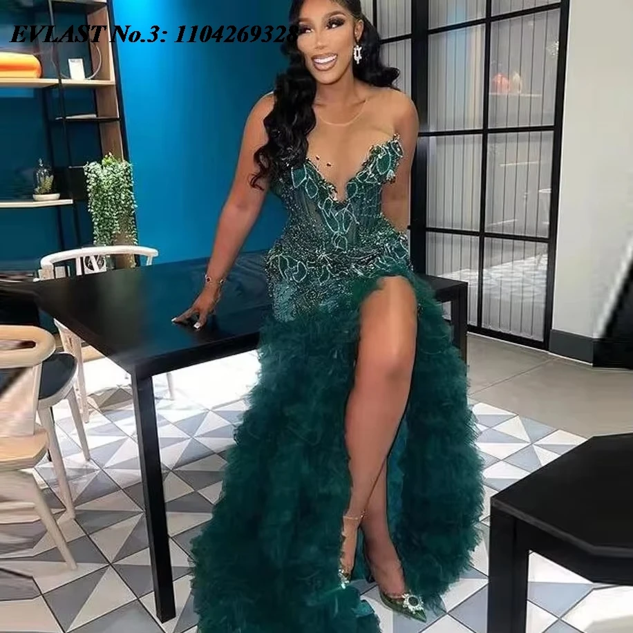 EVLAST مخصص الأفريقي Aso Ebi هنتر الأخضر حورية البحر فستان الحفلة الراقصة عالية الشق الكشكشة الديكور ثوب مسائي رداء دي سواريه E3P439 #1