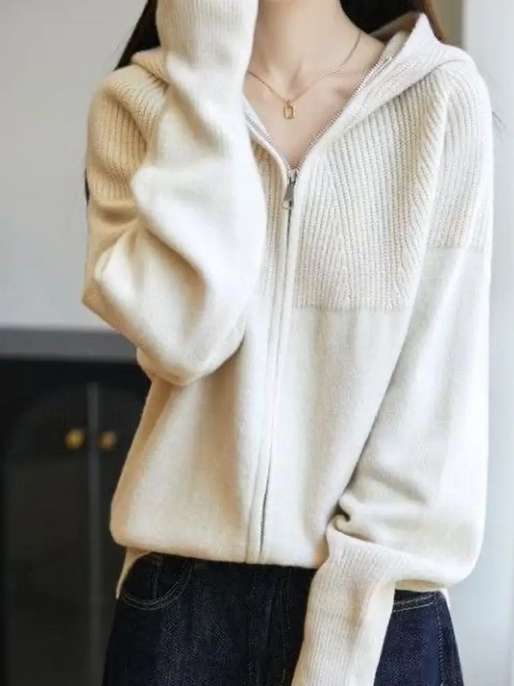 

Slimming Effectiveness Loose Knitted Zipper Hooded Cardigan Women's Short Outerwear Sweater Spring Autumn New Style Commute Wind