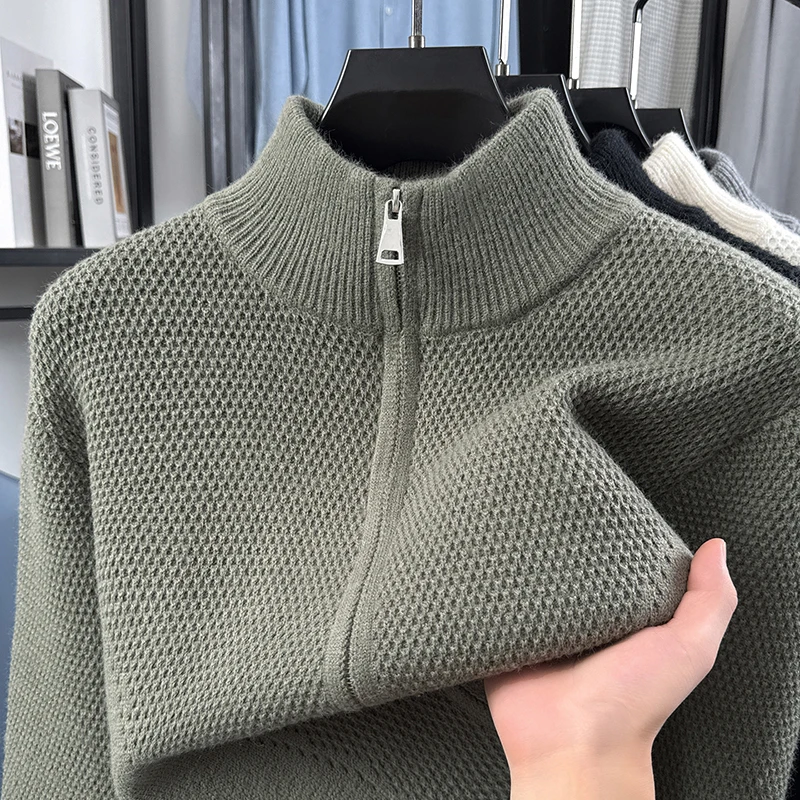 High Quality Men's Knitted Cardigan High-End Brand Simple Zipper Mock Neck Design Autumn Winter New Fashion Casual Sweater Coat