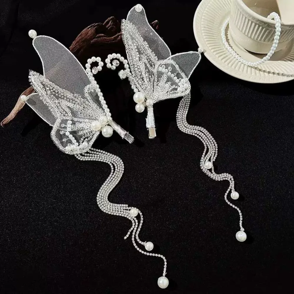 

Elegant Tassel Butterfly Hair Clips Beaded Large Pearl Barrettes Korean Style Fairy Duckbill Clips Cosplay