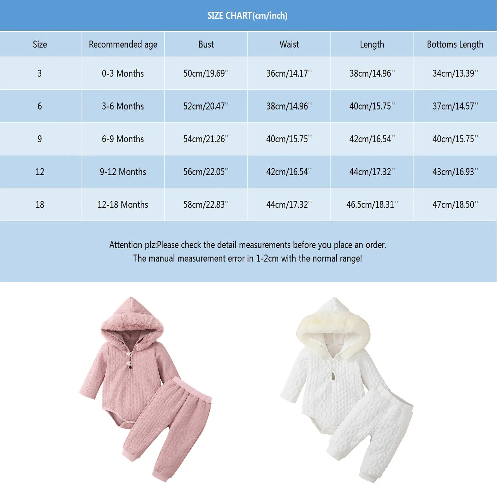 0-18M Newborn Baby Girls Clothes Set Infant Long Sleeve Hooded Rompers Elastic Band Pants Autumn Winter Outfits Toddler Clothing