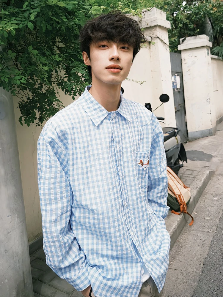 

Blue Plaid Loose Long Sve Men's irt Dachund Dog Print Cleanfit Couple Outerwear Trendy Brand Youth Summer Faion