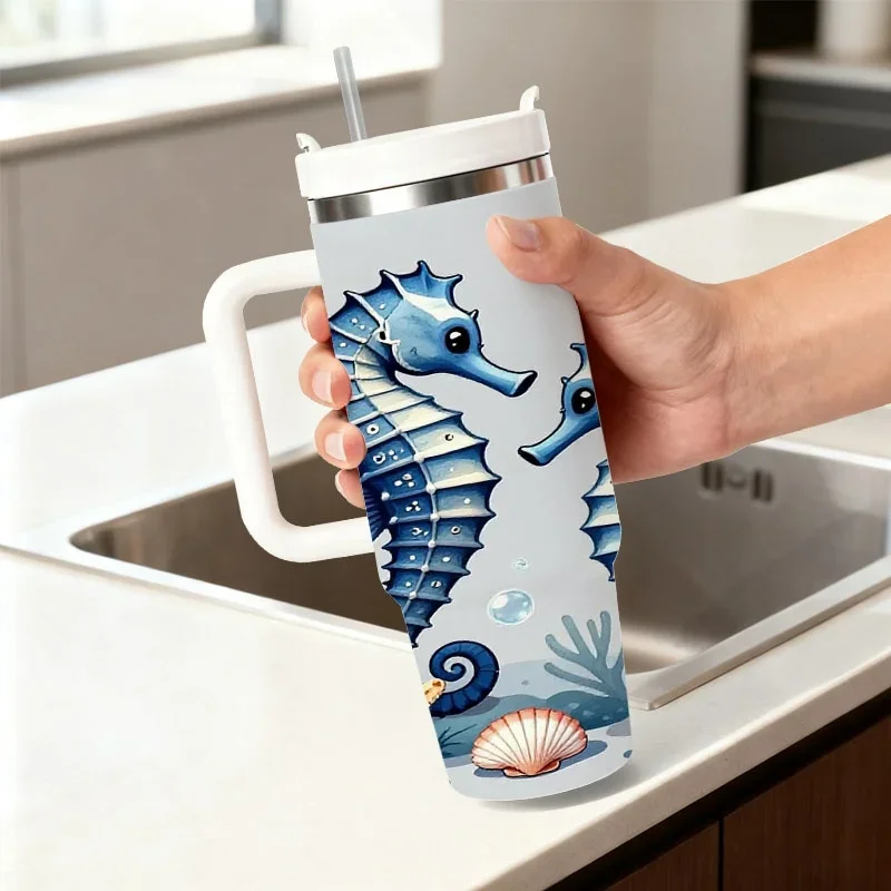 Stainless Steel 40Oz Insulated Tumbler with Whimsical Marine-Themed Digital Print (Blue Seahorses, Starfish, Seashells, Underwater Coral), Portable Reusable Drink Container for Hot/Cold Beverages, Ideal for Daily Commute & Outdoor Use