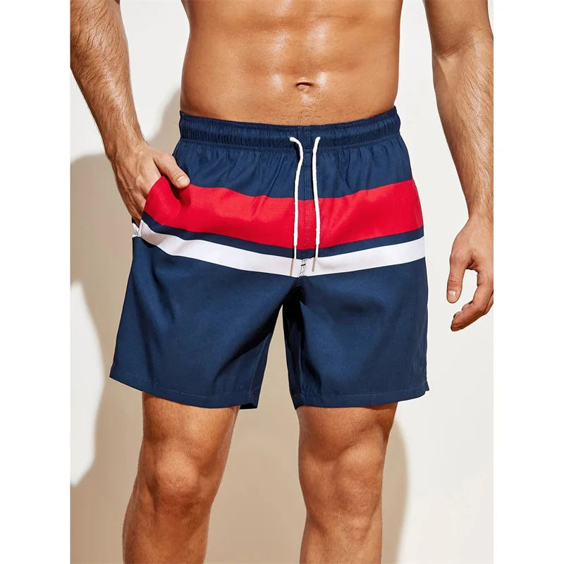 Pantalones cortos de playa con patrón de rayas coloridas para hombre, bañadores con estampado 3D de costuras de Color, pantalones cortos hawaianos de verano, pantalones cortos sueltos