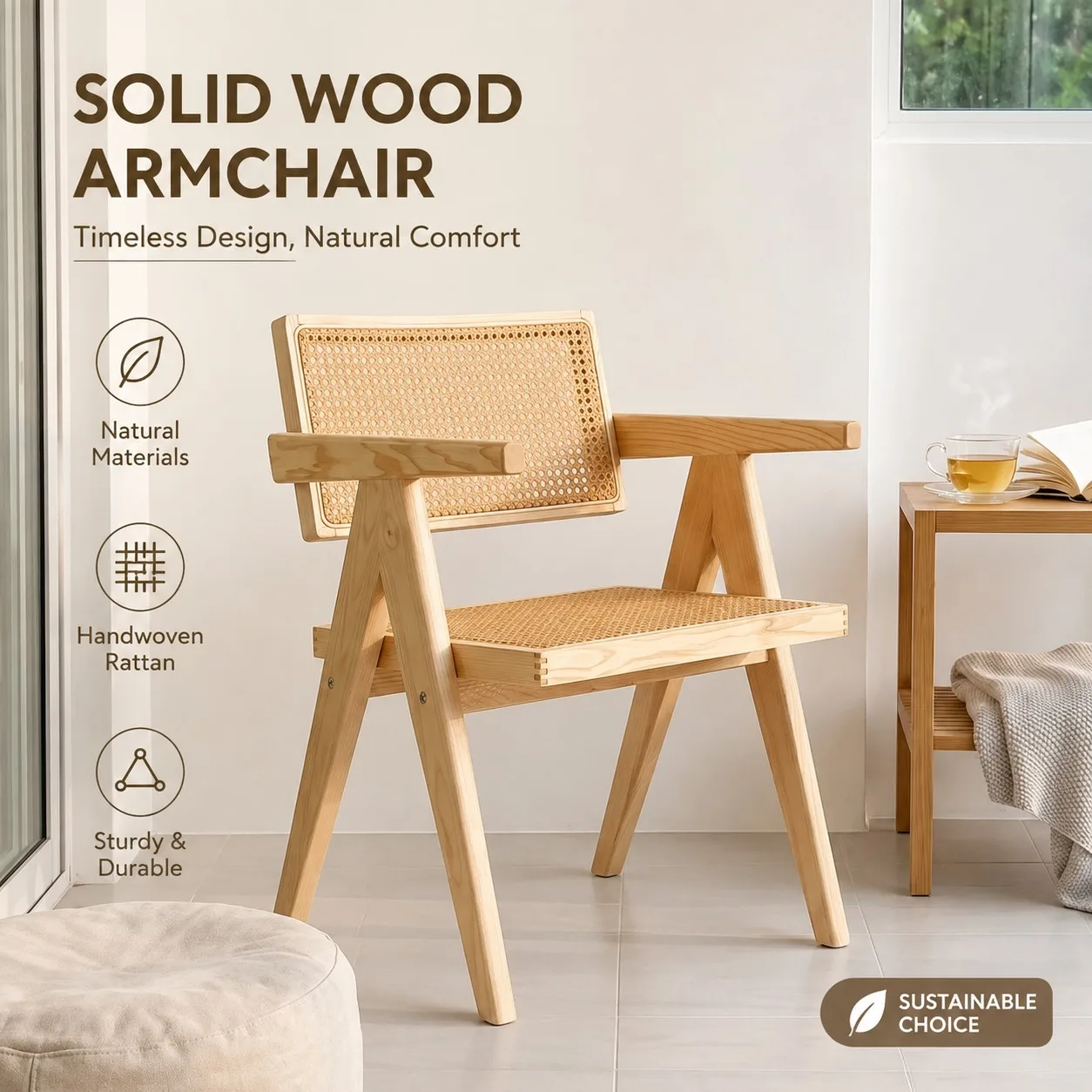 Scandinavian Dining Chair with Solid Oak Frame and Hand-Woven Cane Seat — Ergonomic Kitchen & Dining Room Armchair