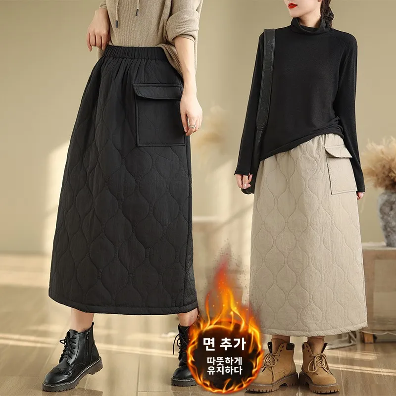 Plus Size Leak-Picking ~ Artistic Autumn and Winter Design Sense Retro Thickened Quilted Pocket Skirt All-Match Cover Slim Mi...