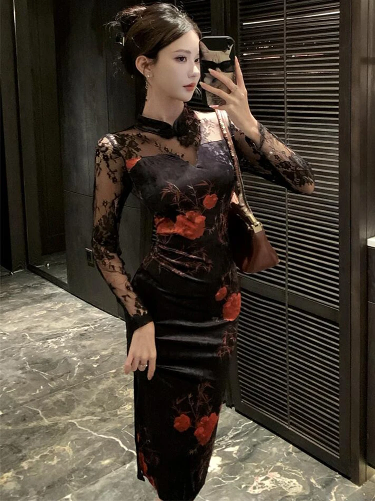 Automne hiver noir à fleurs velours Patchwork dentelle robe femmes à manches longues élégant pure robe Sexy 2025 coréen Vintage robe de bal