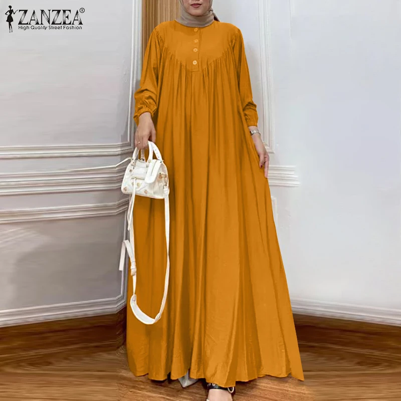 

2026 ZANZEA Muslim Dress Abaya Ramadan Robe Femme Fashion Spring Maxi Sundress Women Long Sleeve Hijab Vestidos Islamic Clothing