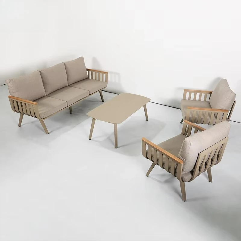 أريكة صالة مقاومة للماء باللون البيج والأسود الفاخرة الحديثة من الألومنيوم للحديقة والفناء والأثاث الخارجي طقم أريكة مقطعي للفناء #5