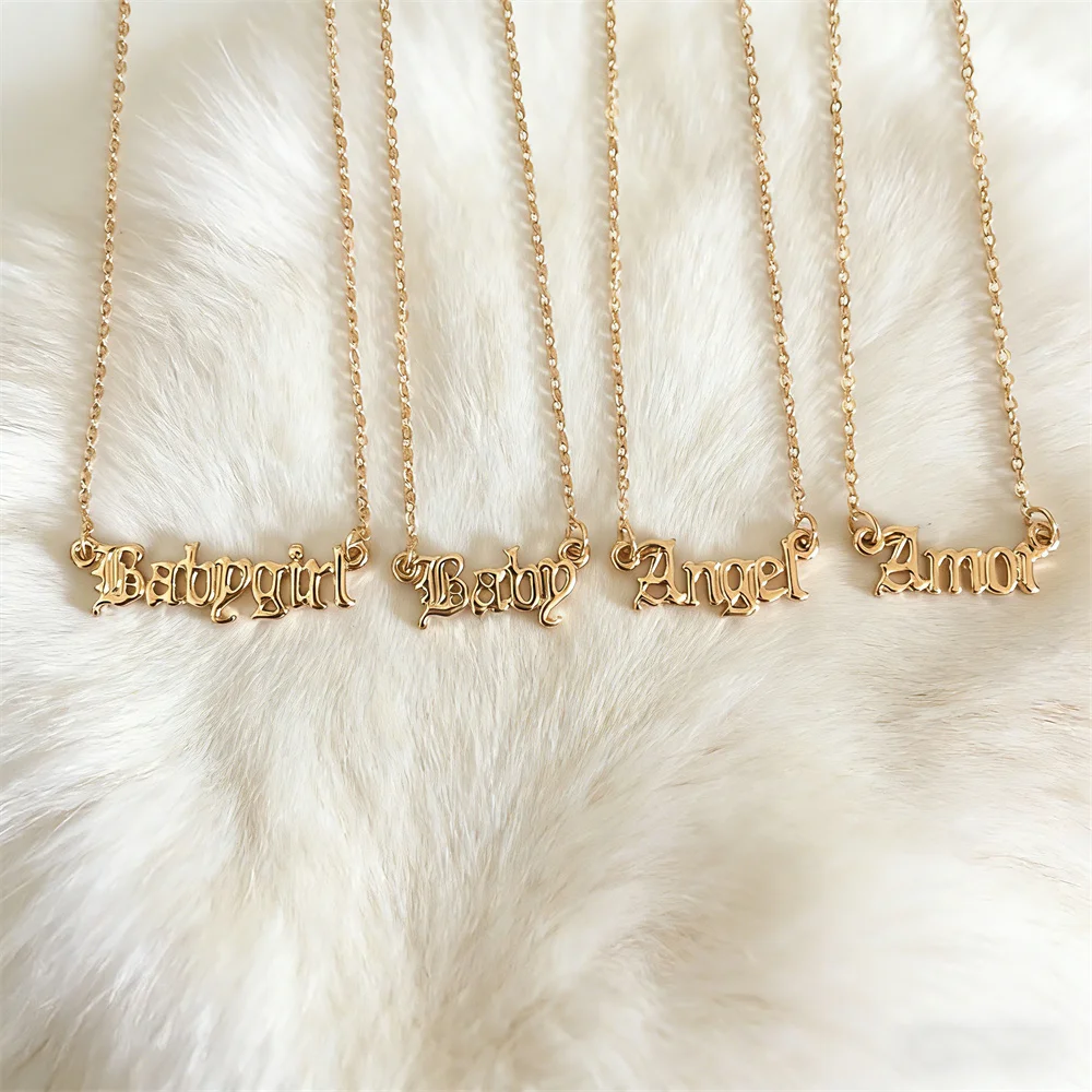 New Fashion Jewelry Gold Color Small Cute Pendant Necklace \'Baby\' \'Babygirl\' \'Amor\' \'Angel\' Pendant Necklace For Women Girl Gift