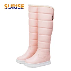 Winter Women Knee-high Fur Snow Boots White Pink Lady Buckle Round Toe Height Increased Flat Platform Heel Waterproof Long Boots