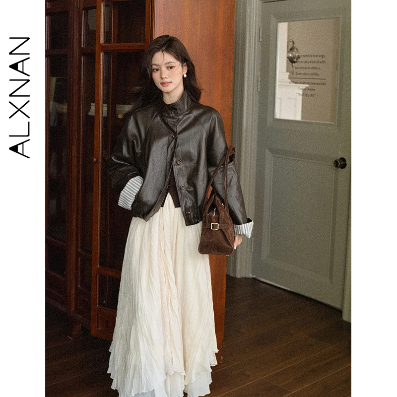 ALXNAN 黒革ジャケット女性ショートカジュアルヴィンテージストライプコントラスト袖口ジャケット 2025 秋防風ジャケット女性 L57929