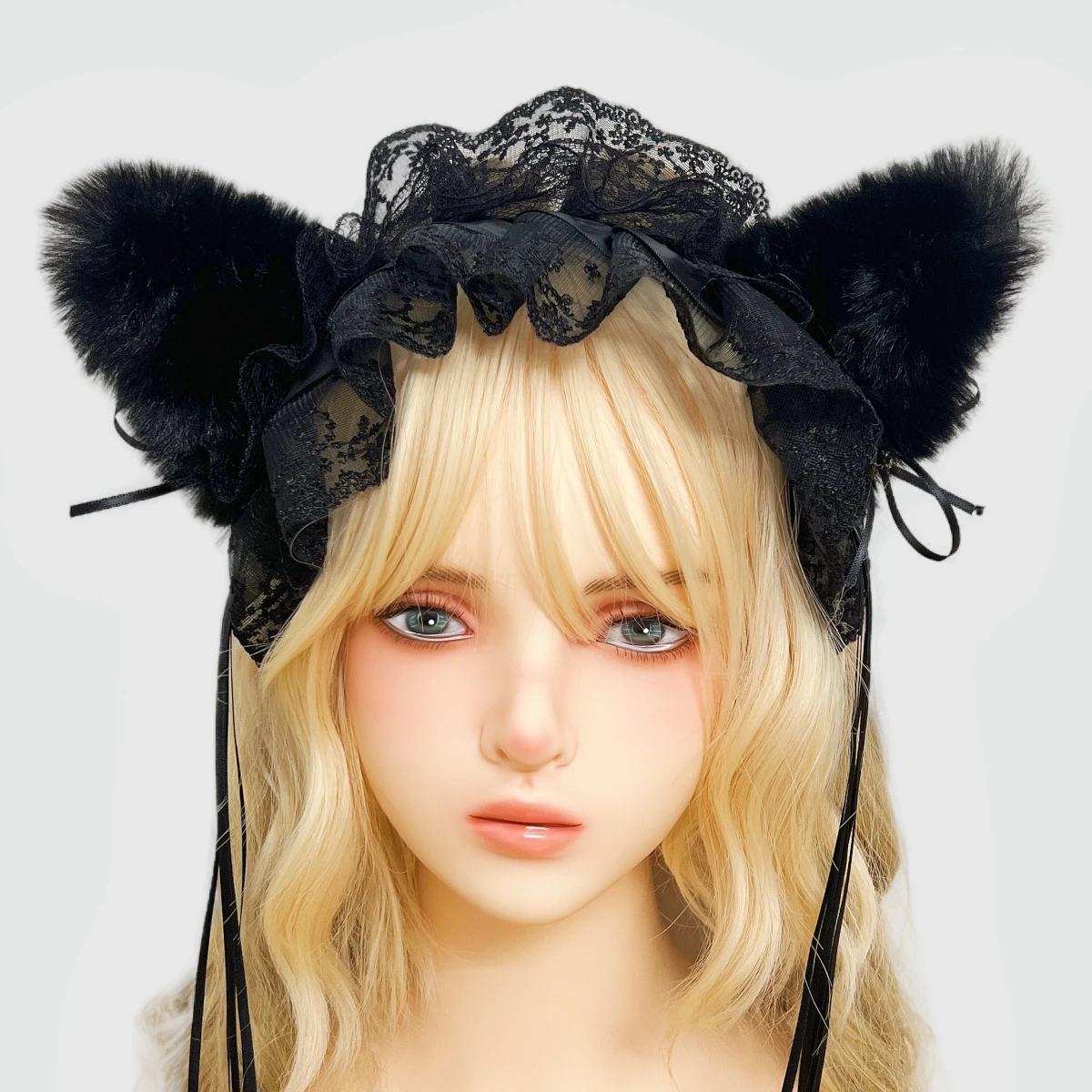 Diadema de encaje con volantes para niña y mujer, accesorio para el cabello con orejas de gato de felpa, estilo gótico, Lolita, Cosplay de Halloween