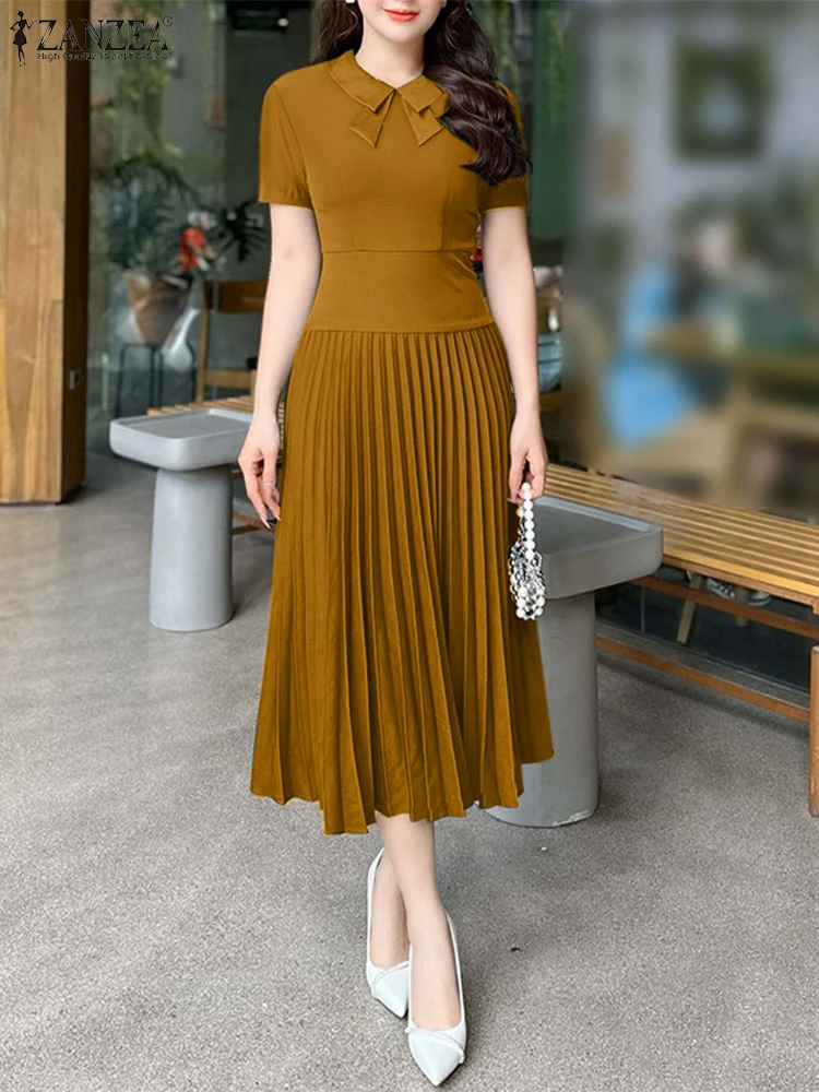 ZANZEA 2025, Mode Sommer Kleid Frauen Elegante Kurzarm Arbeit OL Vestidos Solide Plissee Kleider Stilvolle Bogen Party Sommerkleid