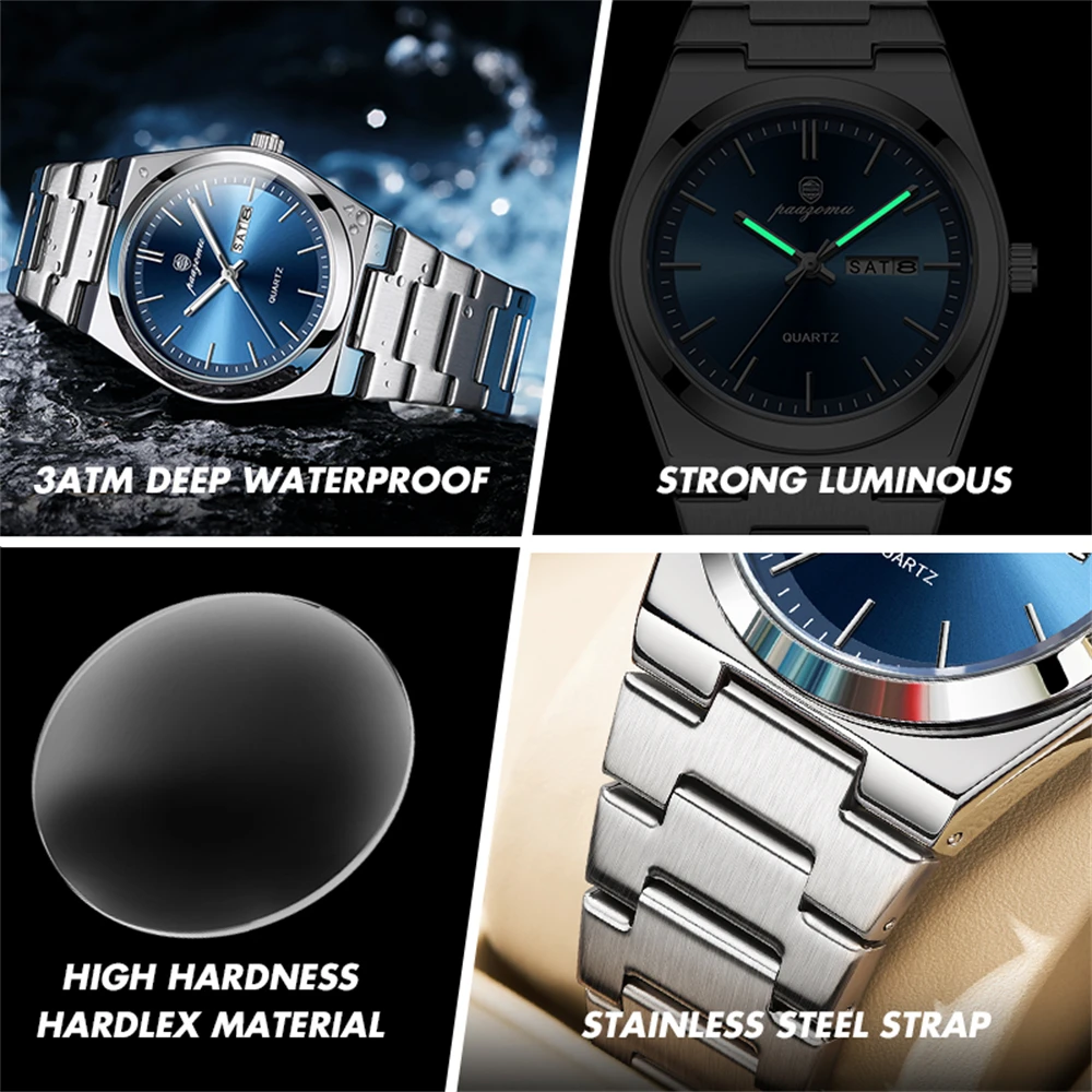 Paazomu relógios de luxo para homens aço inoxidável à prova dwaterproof água luminosa homem relógio data semana moda casual relógio de quartzo masculino reloj