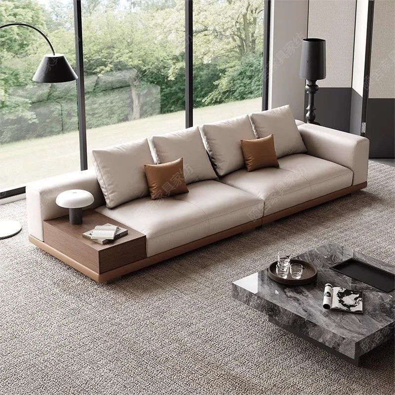 Italian minimalist light luxury leather solid wood sofa villa large flat living straight row modern simple small apartment new