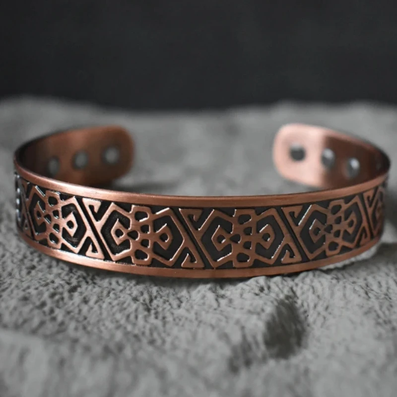 

Браслет-манжета из чистой меди с геометрическим узором и резьбой, магнитный, для мужчин, с магнитами, регулируемый размер