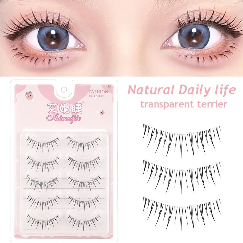 

5 Pair Strip Lashes Self-Adhesive False Eyelashes 3D Korean False Eyelashes Transparent Stem Soft Wispy Curly Fluffy Eyelashes
