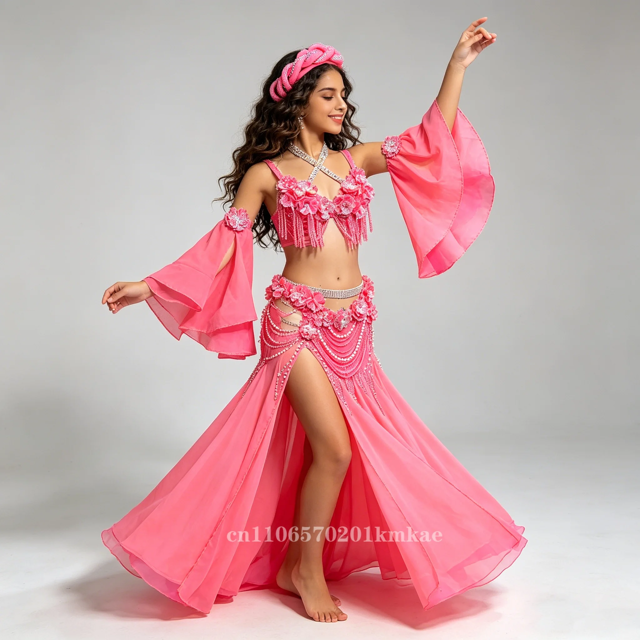 Hot Pink Rhinestone Floral Belly Dance Costume Custom Size Available Tassel Top & High Slit Flowy Chiffon Maxi Skirt