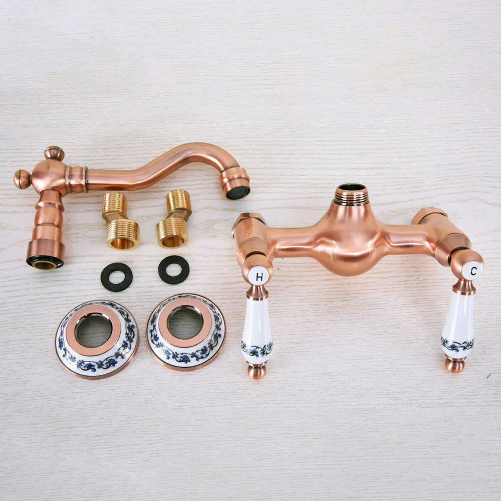 Antique Red Copper Brass Bathroom Kitchen Sink Basin Faucet Mixer Tap Swivel Spout Wall Mounted Dual Handles mnf955