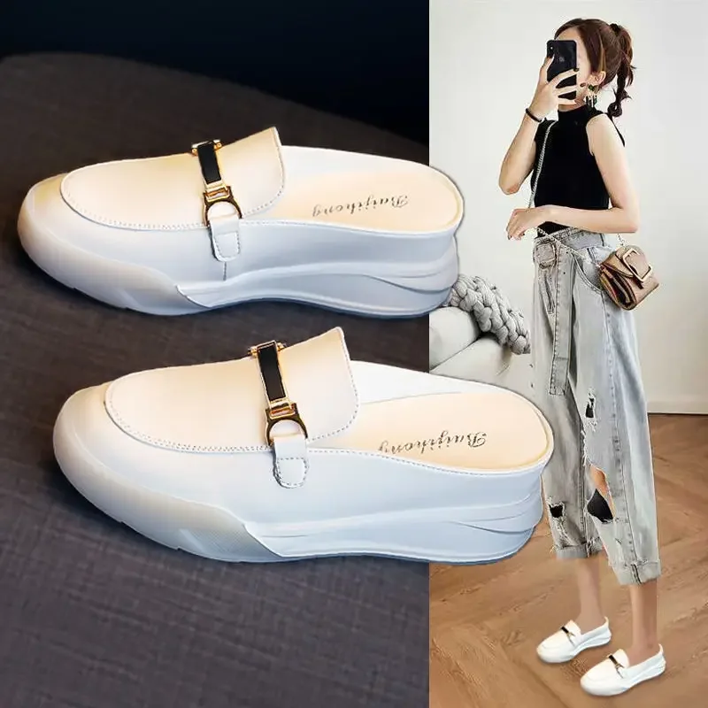 Outside Mules Women\'s Slippers and Ladies Sandals Thick Wedge Heel Platform Shoes Height Off White Leather Slides New Collection