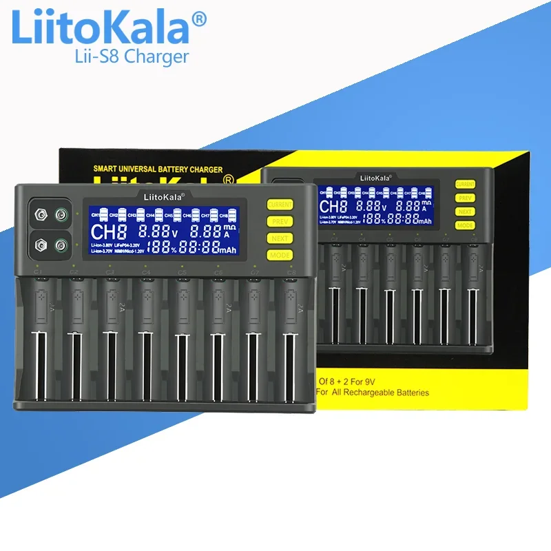 LiitoKala Lii-S8 carga multifunción de batería para Li-Ion 3,7 V NiMH 1,2 V Li-FePO4 3,2 V IMR 3,8 V 18650 26650 21700 26700 AA AAA