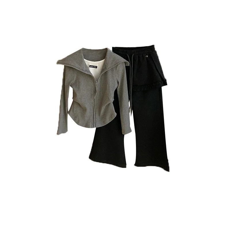 2026 New Autumn Girls Korean Style Fake Two-Piece Top & Lace Flare Pants Set, Simple Casual Versatile 2Pcs Kids Outfit