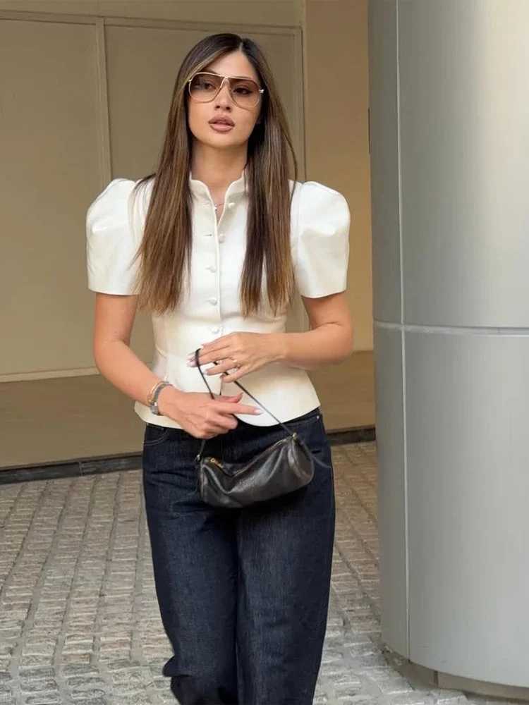 Elegant White Lantern Sleeve Shirt Women's Sexy Solid Stand Collar High Waist Slim Shirts 2026 New Lady Tops Commute Outerwears