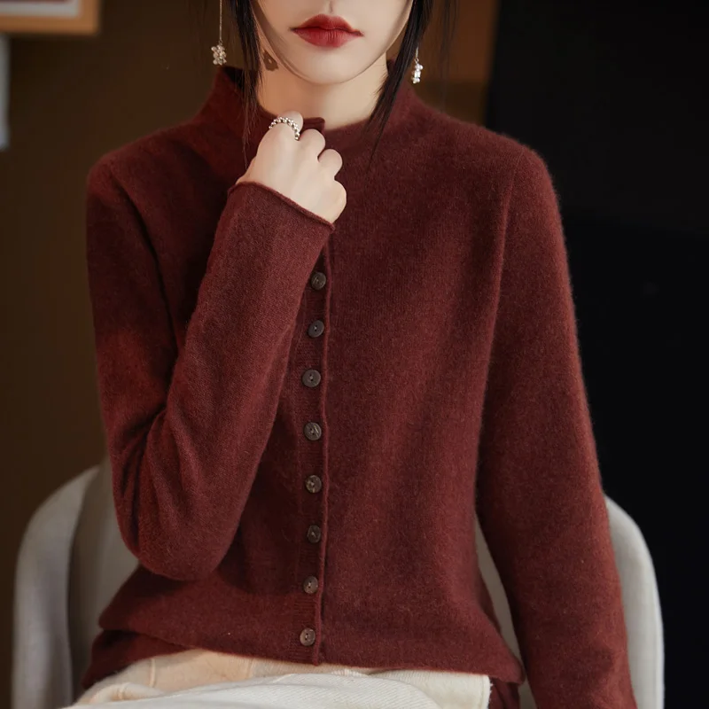 Autumn Winter 100% Wool Thicken Shirt Sweater Women Curled Round Neck Knitted Cardigan Female Multi Buckle Casual Warm Soft Top