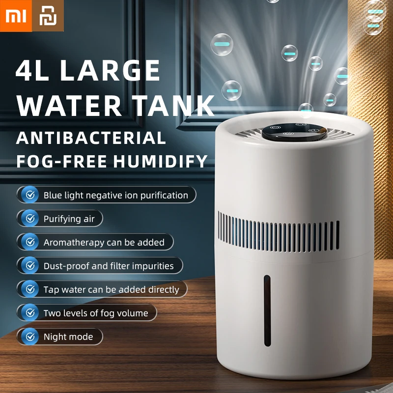 Xiaomi Youpin Grande Capacidade Umidificador Luz Azul, Purificador De Ar, Operação De Toque, Íons Negativos, Filtro Antibacteriano, Casa, Novo, 4L