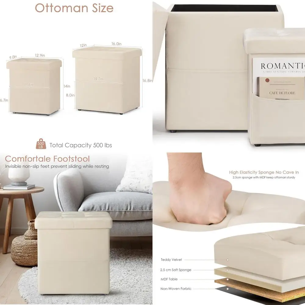 

Pair of Cream Storage Ottomans with Pockets, 16.8 Small Upholstered Footrests for Living Spaces