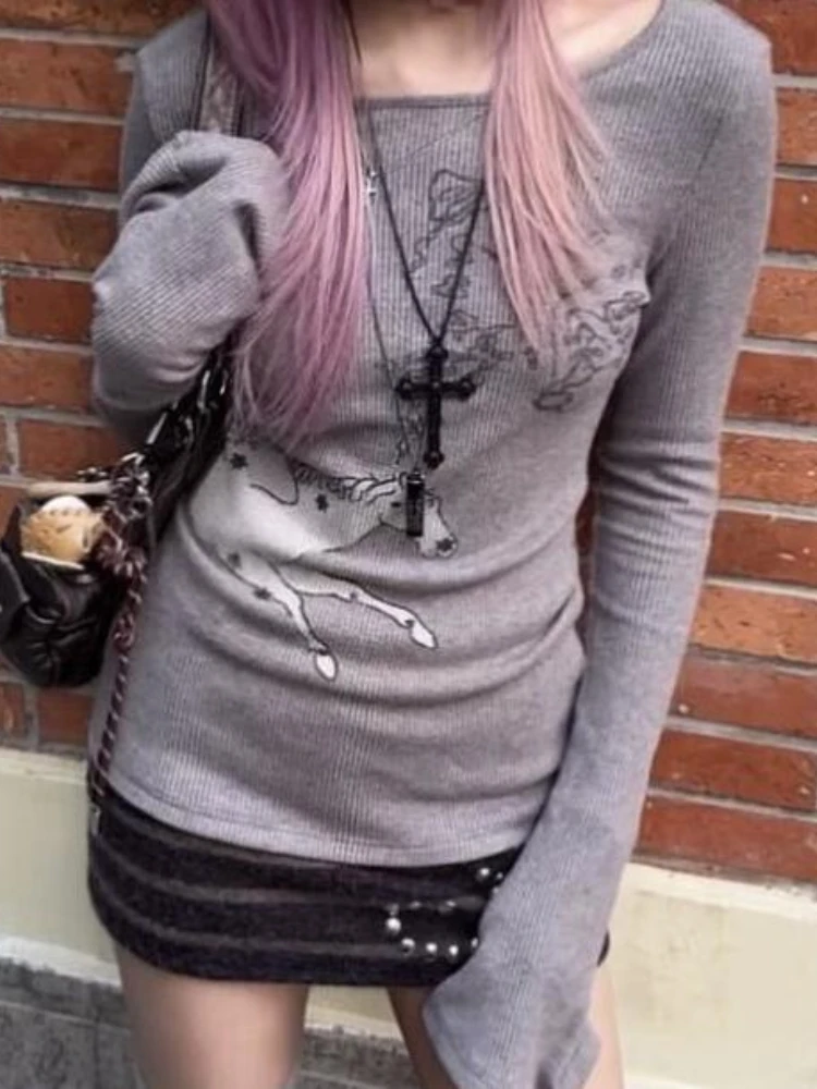 女性用長袖Tシャツ,y2kヴィンテージプリントTシャツ,マッチングTシャツ,原宿ストリートウェア,グランジTシャツ